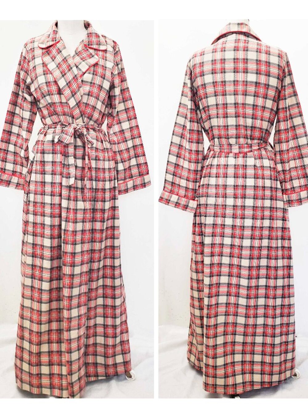 Vintage Sears Women's Plaid Cotton Blend Flannel Maxi Wrap Robe Red L